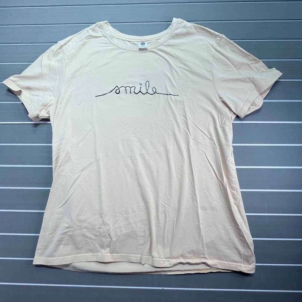Womens XL Tan Graphic T Shirt Smile Short Sleeve‎ Crew Neck Casual Top